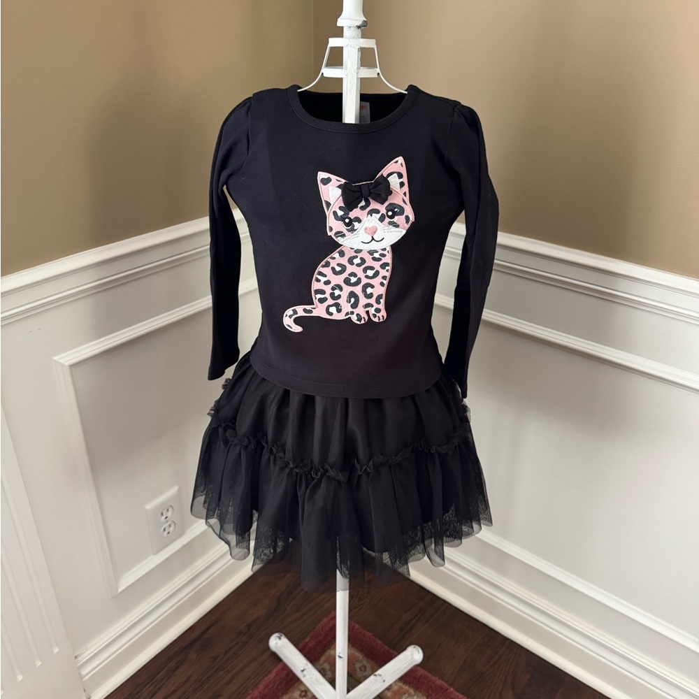 Black & Pink Cat Print Long Sleeved Top W/Black Tulle Skirt ~ Sz 4T - Picture 8 of 14